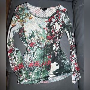 Motive Artistic Floral Long Sleeve Top - Red, Green, Black